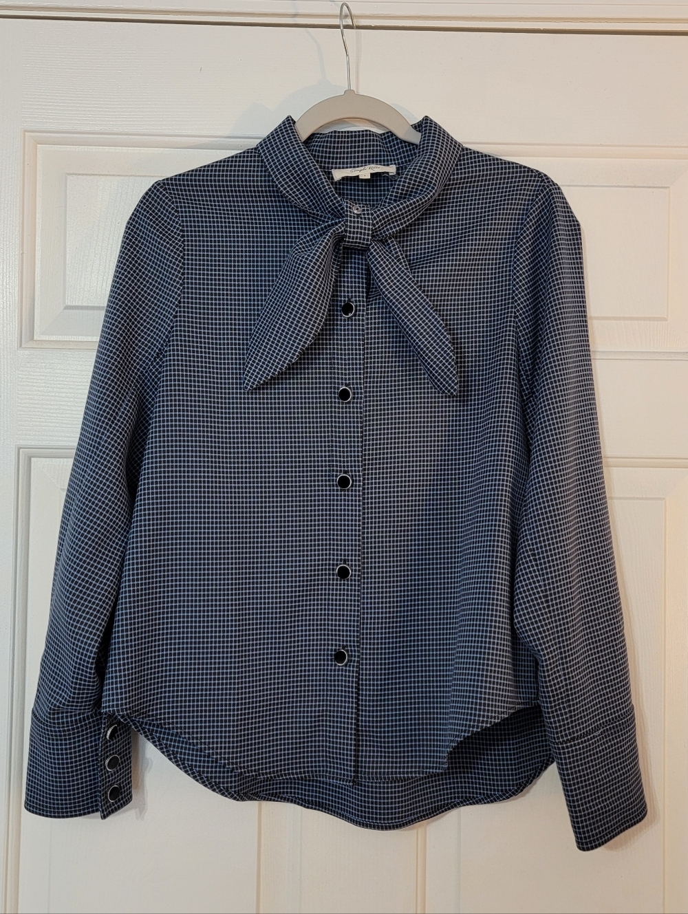 Women's Checkered Blue And Black Blouse With Built In Tie/bow